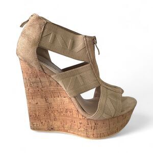 Patricia Pratt Wedge Shoes Womens 7 EU 37 Tan Cork Platform Elastic Strappy Heel